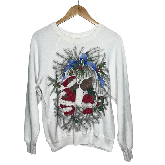 Cute teddy bear Christmas ugly sweatshirt tacky crewneck vintage Lee large white - Picture 1 of 9
